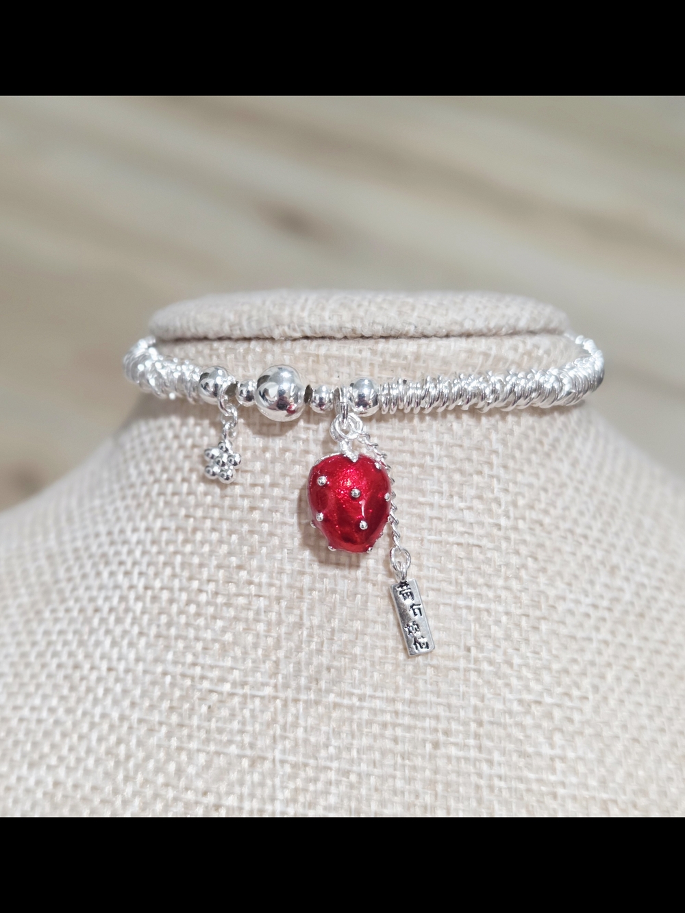 Silver Bracelet with Red Strawberry Charm